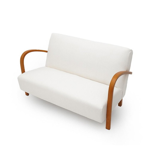 Vintage 2-seater sofa in upholstered wood and white fabric, Italy 1940