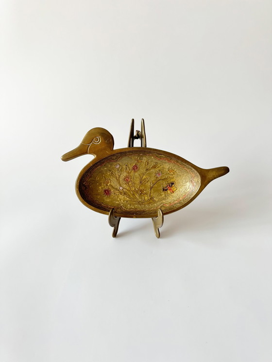 Image 1 of Ciotola vintage in ottone cloisonné, dettagli floreali a forma di anatra, fatta a mano, anatra in ottone, smalto, piastra in ott