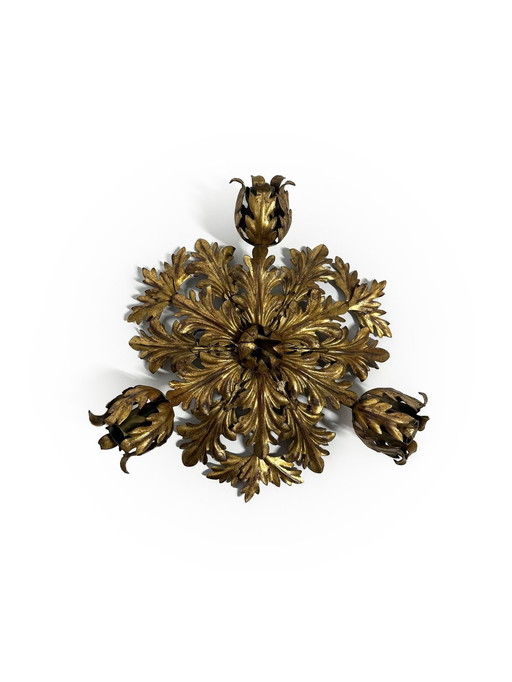 Floral Ceiling Lamp In Gilt Metal From The 1960’S Produced By Banci Firenze, Italy