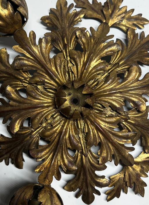 Floral Ceiling Lamp In Gilt Metal From The 1960’S Produced By Banci Firenze, Italy