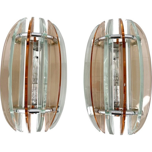 Pair of vintage Murano glass and chrome wall lamps by Veca, Italy