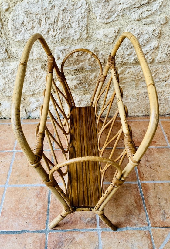 Image 1 of Mid-Century Bamboo & Rattan Magazine Rack, 1950’S