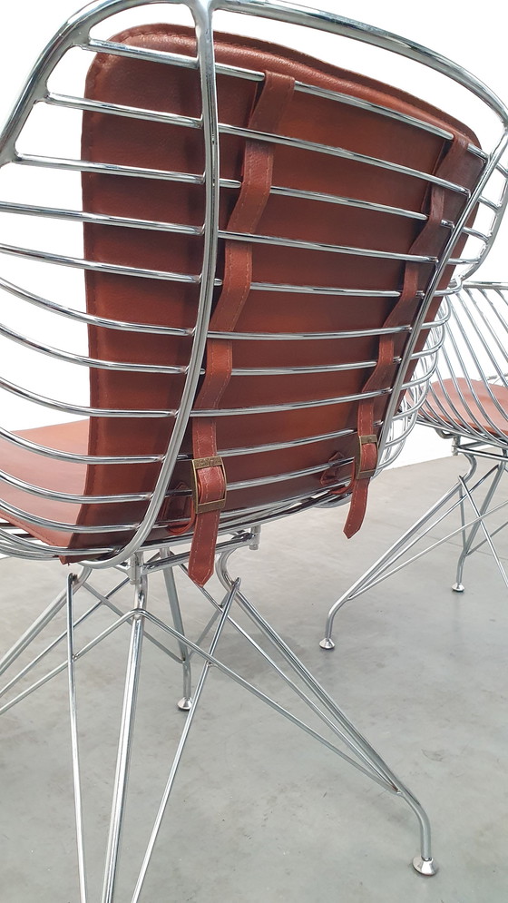 Image 1 of 2 Design Wire Chairs Chrome With Cognac Seat Pads