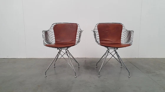 Image 1 of 2 Design Wire Chairs Chrome With Cognac Seat Pads