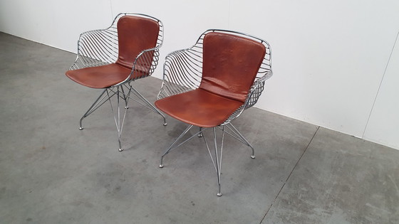 Image 1 of 2 Design Wire Chairs Chrome With Cognac Seat Pads