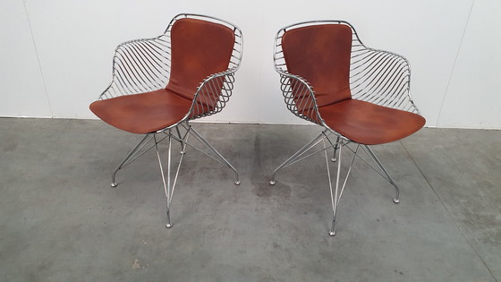 Image 1 of 2 Design Wire Chairs Chrome With Cognac Seat Pads