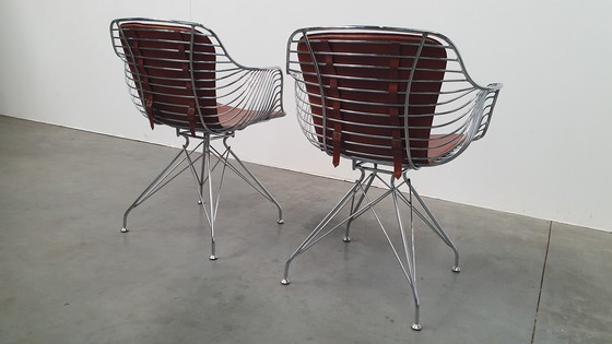 Image 1 of 2 Design Wire Chairs Chrome With Cognac Seat Pads