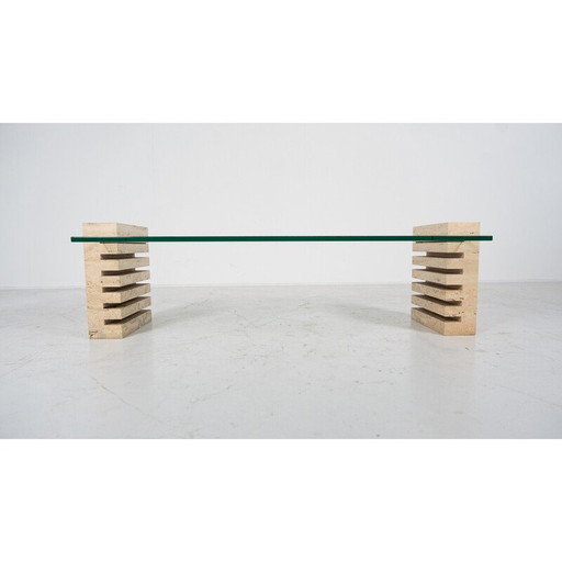 Vintage glass and travertine coffee table, Italy 1970