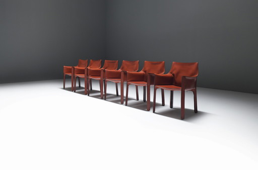 Nice Set Of 6 Burgundy Leather Cab 413 Chairs - Mario Bellini - Cassina Italy