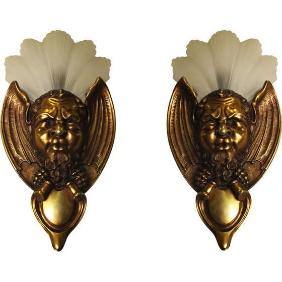 Image 1 of Pair of vintage Art deco bronze and glass wall lamps