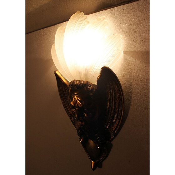 Image 1 of Pair of vintage Art deco bronze and glass wall lamps