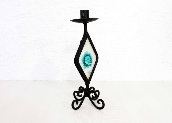 Image 1 of Beautiful wrought iron candle holder with stained glass