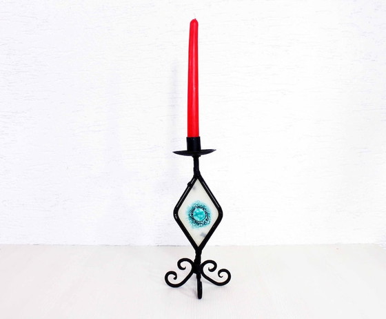 Image 1 of Beautiful wrought iron candle holder with stained glass