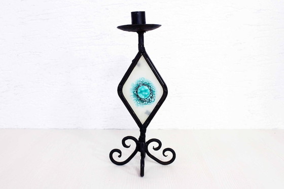 Image 1 of Beautiful wrought iron candle holder with stained glass