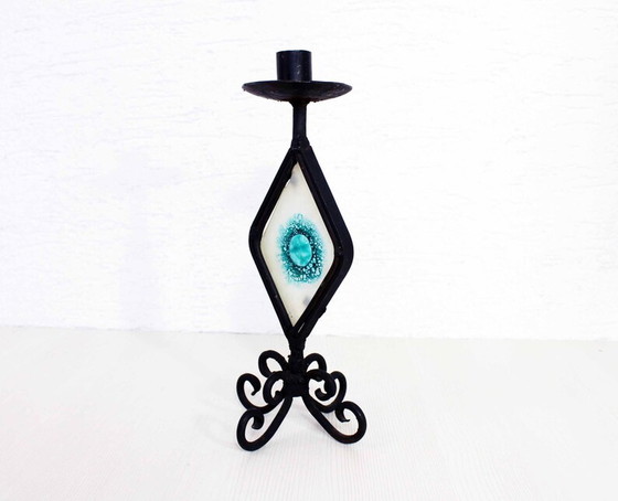 Image 1 of Beautiful wrought iron candle holder with stained glass