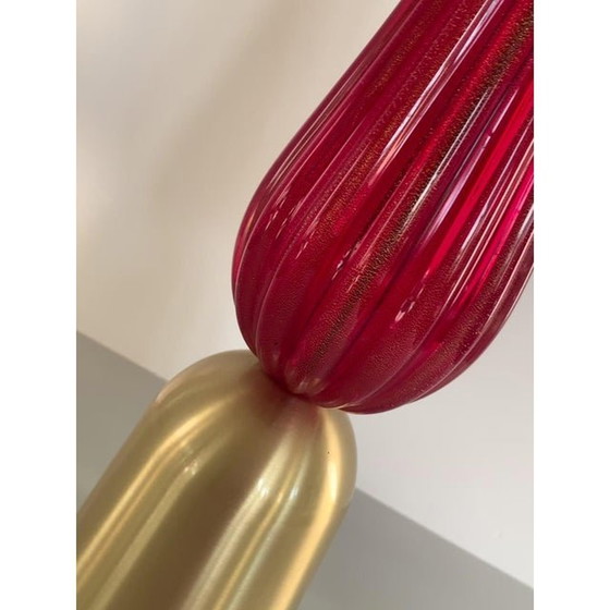 Image 1 of Lot Of 2 Gold And Red Murano Glass Table Lamp With Shade