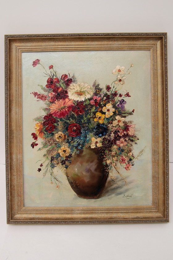 Image 1 of Painting Van J.Stein Field bouquet with beautiful wooden frame 20th century.