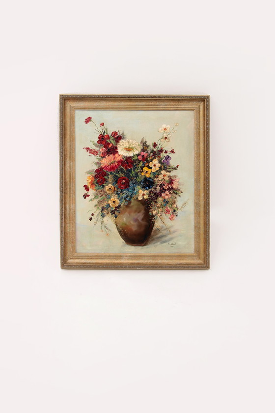 Image 1 of Painting Van J.Stein Field bouquet with beautiful wooden frame 20th century.