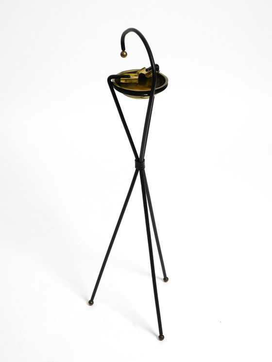 Image 1 of Original Mid Century Tripod iron stand ashtray with a brass bowl