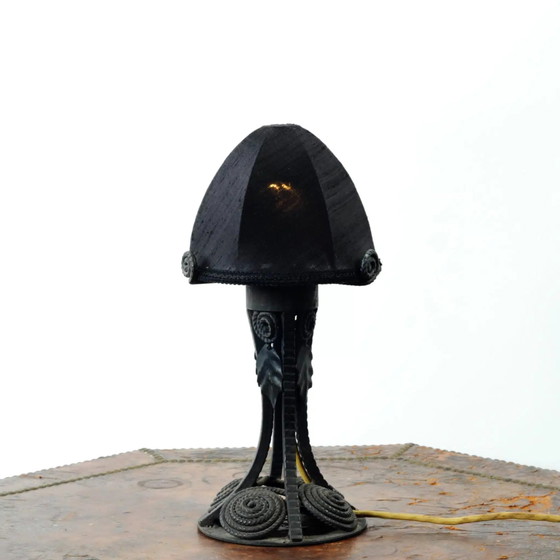 Image 1 of French Art Deco wrought iron table lamp with new shade