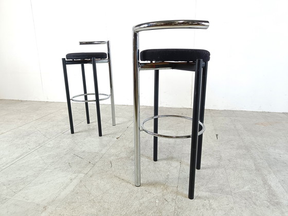 Image 1 of 2x Postmodern chrome and metal bar stools