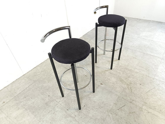 Image 1 of 2x Postmodern chrome and metal bar stools