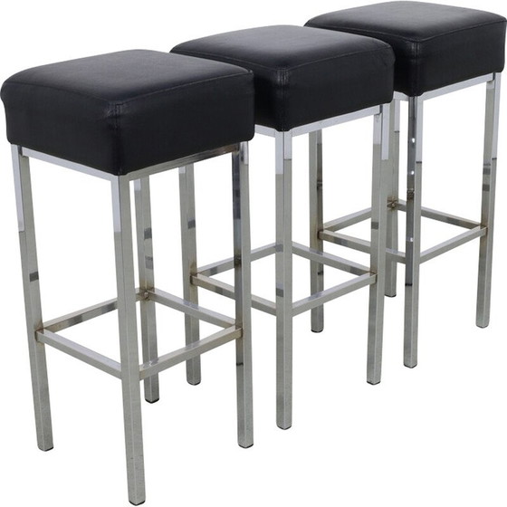 Image 1 of Set of 3 vintage bar stools in chrome and leather, 1980