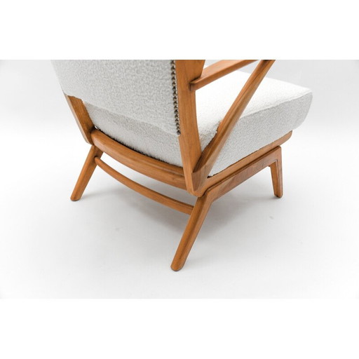 Vintage wingback armchair in white Boucle fabric and wood, Italy 1950