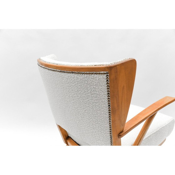 Image 1 of Vintage wingback armchair in white Boucle fabric and wood, Italy 1950