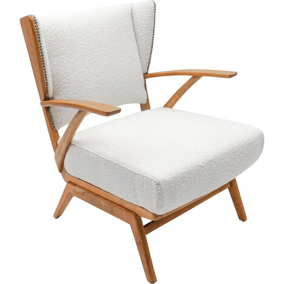 Image 1 of Vintage wingback armchair in white Boucle fabric and wood, Italy 1950