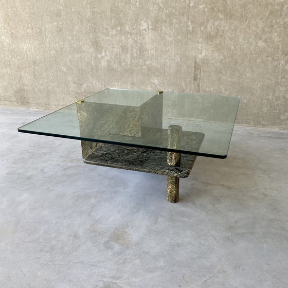 Image 1 of Large Sicilian Marble Coffee Table With Glass Top | Italy, 1980s