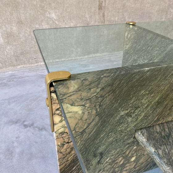 Image 1 of Large Sicilian Marble Coffee Table With Glass Top | Italy, 1980s