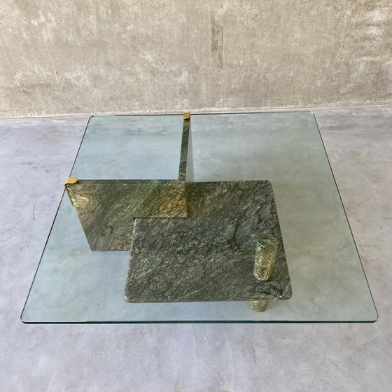 Image 1 of Large Sicilian Marble Coffee Table With Glass Top | Italy, 1980s