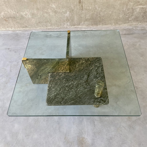 Image 1 of Large Sicilian Marble Coffee Table With Glass Top | Italy, 1980s