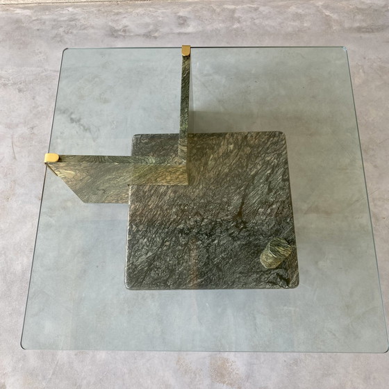 Image 1 of Large Sicilian Marble Coffee Table With Glass Top | Italy, 1980s