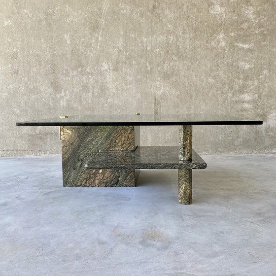 Image 1 of Large Sicilian Marble Coffee Table With Glass Top | Italy, 1980s