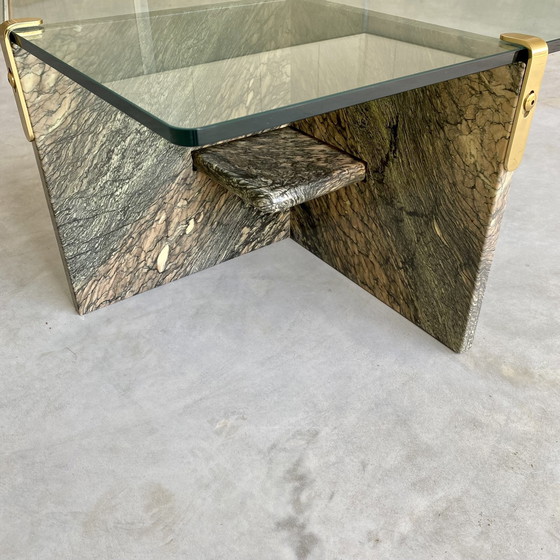 Image 1 of Large Sicilian Marble Coffee Table With Glass Top | Italy, 1980s