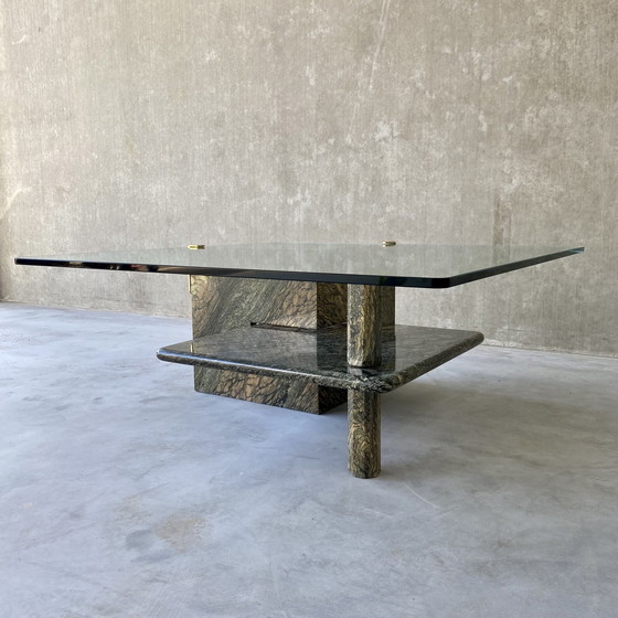 Image 1 of Large Sicilian Marble Coffee Table With Glass Top | Italy, 1980s