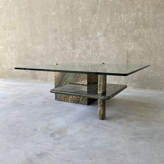 Image 1 of Large Sicilian Marble Coffee Table With Glass Top | Italy, 1980s