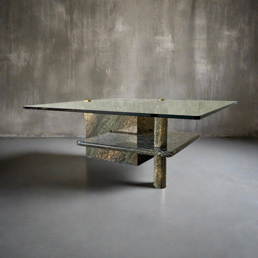 Large Sicilian Marble Coffee Table With Glass Top | Italy, 1980s