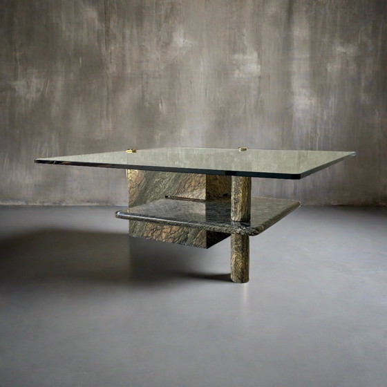 Image 1 of Large Sicilian Marble Coffee Table With Glass Top | Italy, 1980s