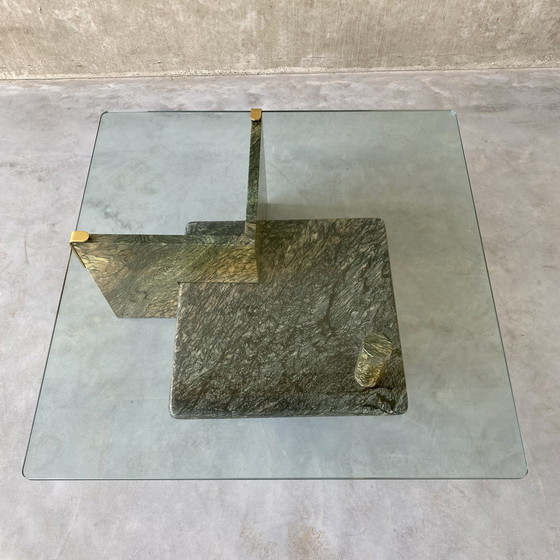 Image 1 of Large Sicilian Marble Coffee Table With Glass Top | Italy, 1980s