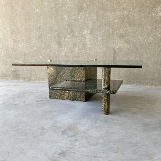 Image 1 of Large Sicilian Marble Coffee Table With Glass Top | Italy, 1980s