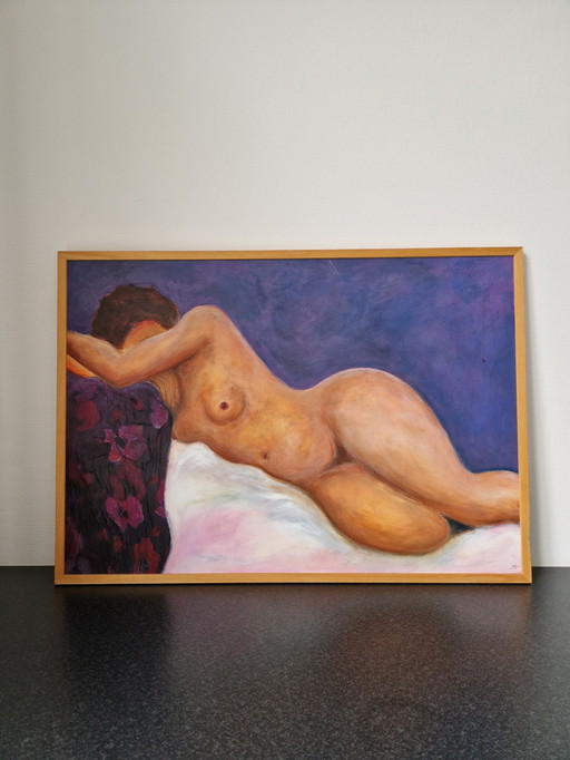 Large Painting Reclining Nude in Frame - 103 x 73