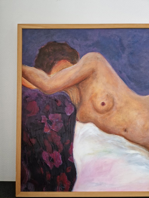 Large Painting Reclining Nude in Frame - 103 x 73