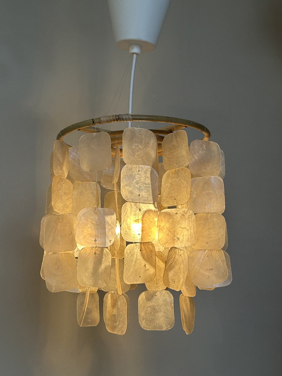 Image 1 of Set Of 2 Capiz Shell Pendant Lamps Shell Pearl Bamboo Frame White Wiring Upholstered