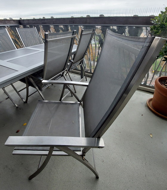 Image 1 of Garden Table Set, 6 Aluminum Chairs, Table And 2 Footstools