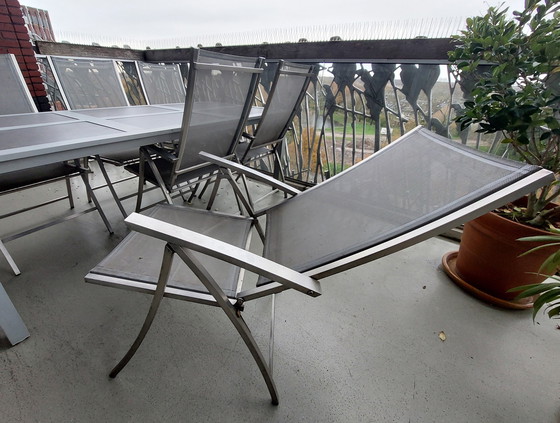 Image 1 of Garden Table Set, 6 Aluminum Chairs, Table And 2 Footstools