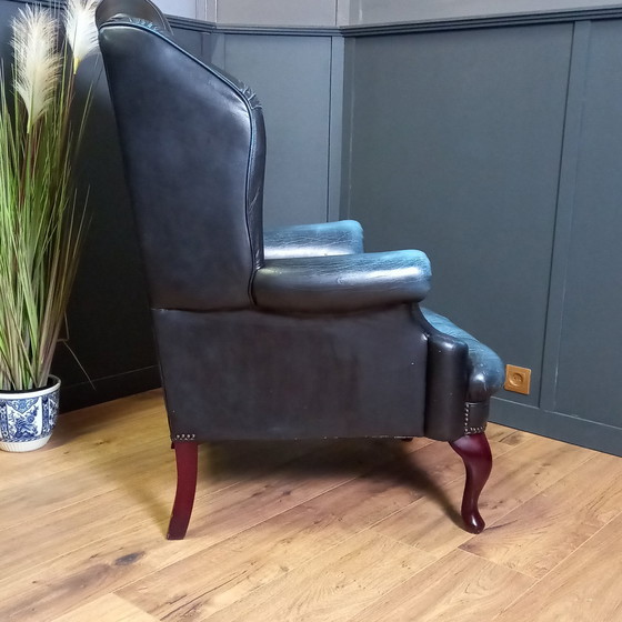 Image 1 of Blue Leather Chesterfield Barrelback Armchair