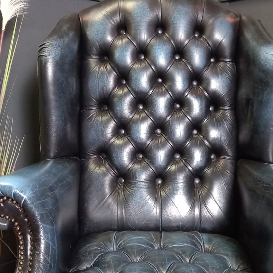 Image 1 of Blue Leather Chesterfield Barrelback Armchair